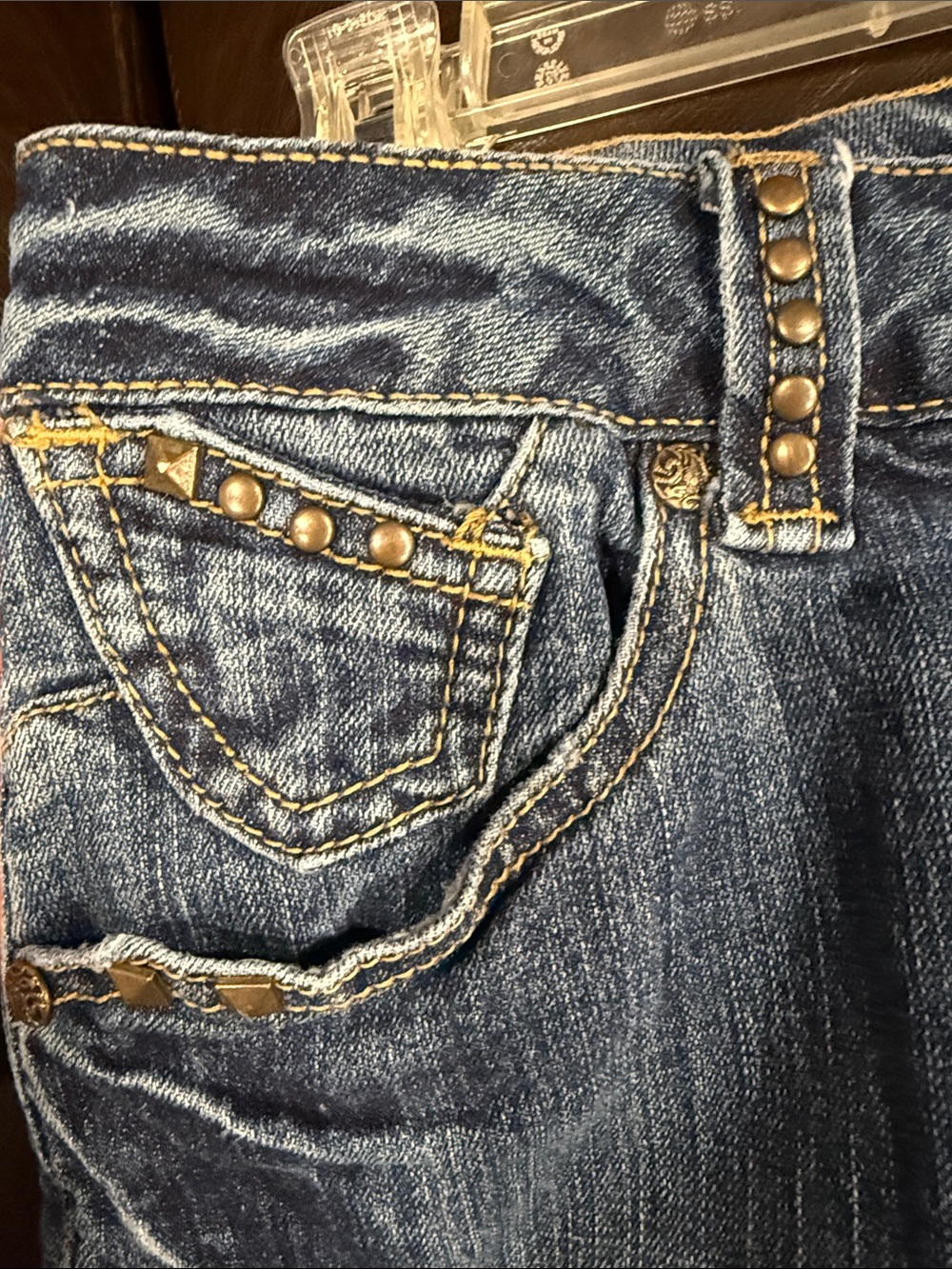 Dark Blue Denim A-Line Skirt with Stud Accents - Picture 3 of 8